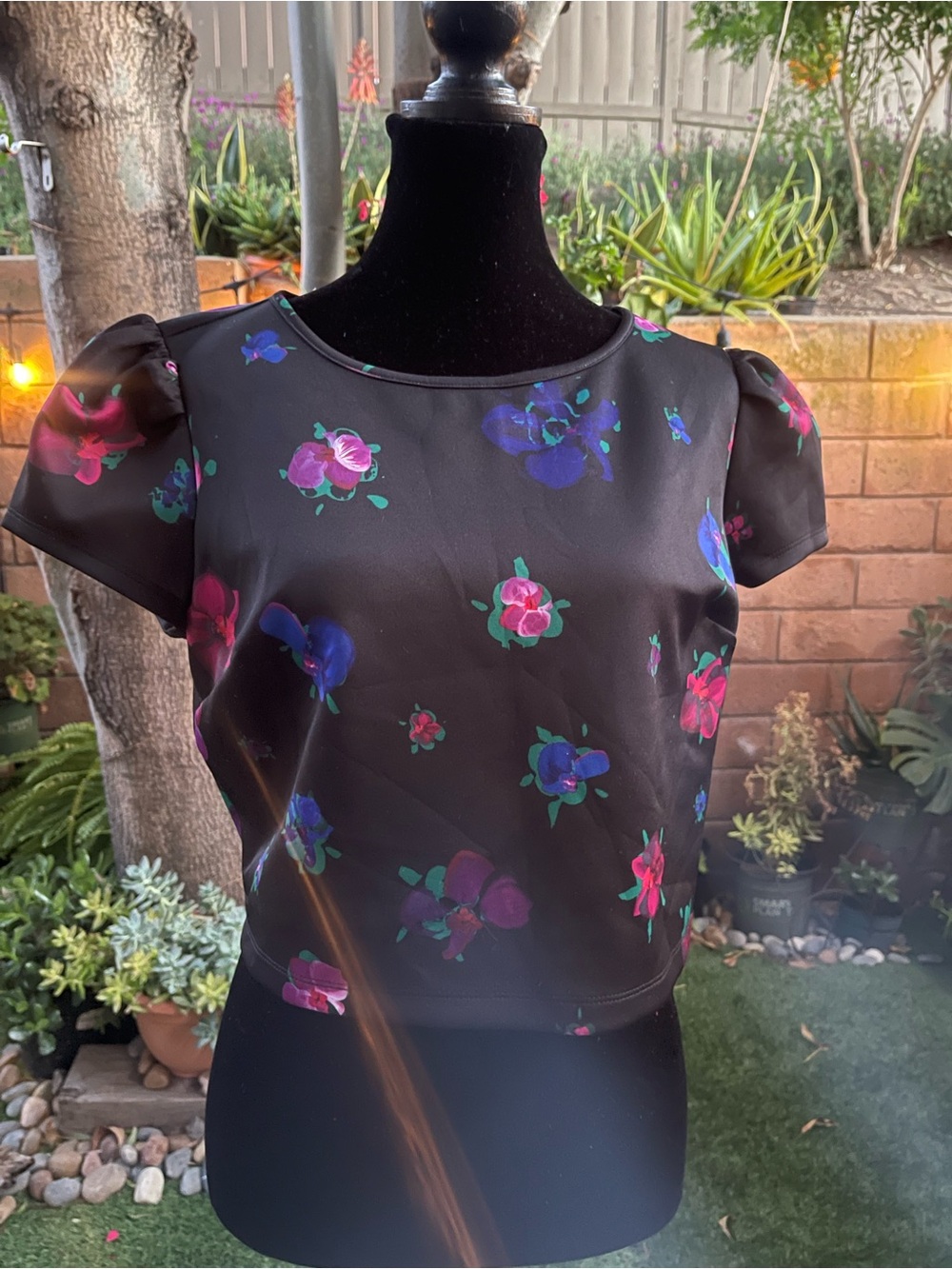 bebe Black Floral Puff-Sleeve Crop Top with Pink & Purple Blooms